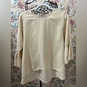 LaRoque Original Natural Cream 100% Linen Hi-Low Blouse | Ruffle Sleeve Top OS